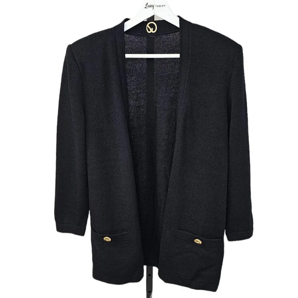 St. John Womens Santana Knit  Open Front Pocket Cardigan Black Size 12